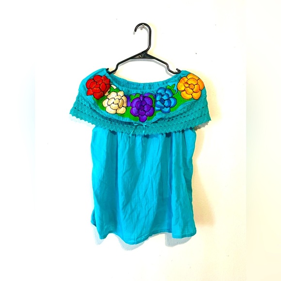Tops - Embroidered Teal Mexican Style Sleeveless Off Shoulder Blouse Women's Size Med